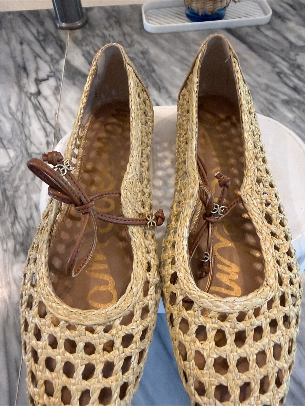 Sam Edelman Natural Woven Raffia Ballet Flats with Brown Bow